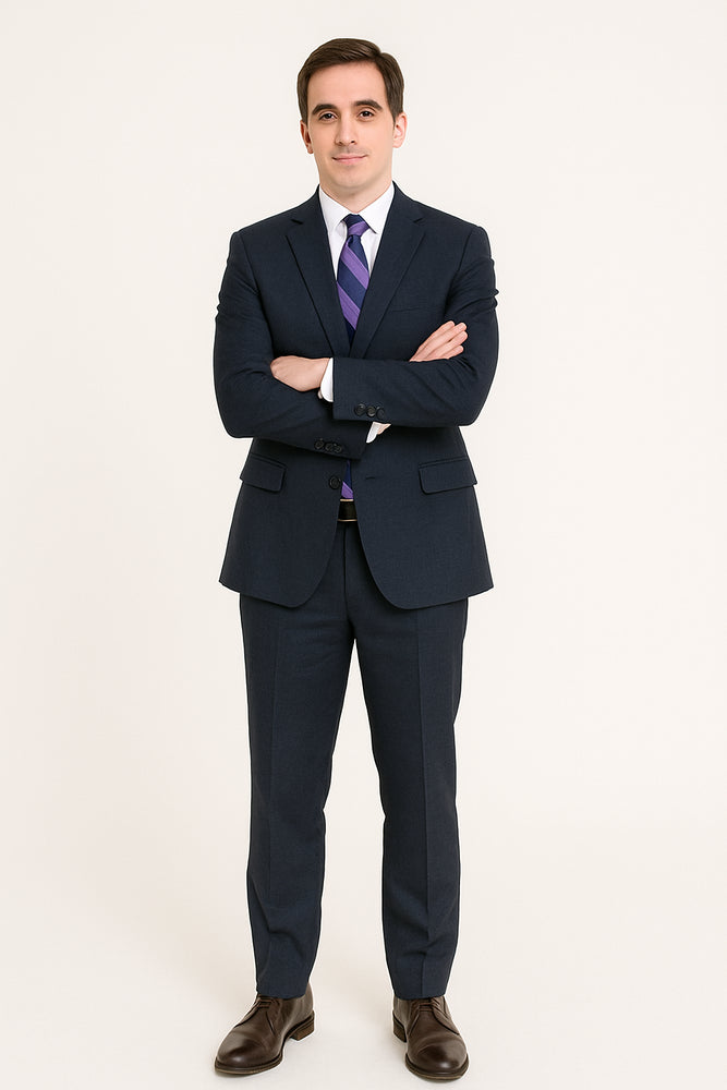 Men's Dark Navy Blue Suit For Men Glen Plaid 2 Button Wool Classic Fit Suit Flat Front Pants