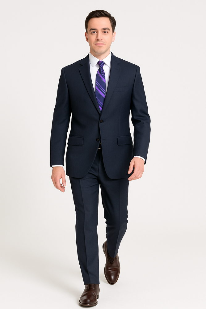 Men's Dark Navy Blue Suit For Men Glen Plaid 2 Button Wool Classic Fit Suit Flat Front Pants