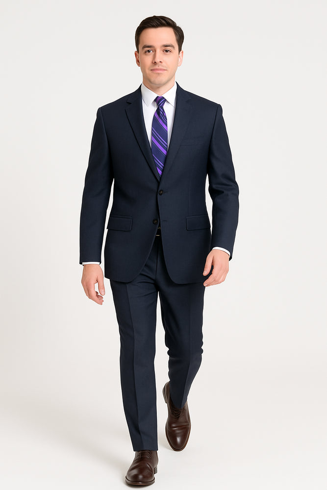 Men's Dark Navy Blue Suit For Men Glen Plaid 2 Button Wool Classic Fit Suit Flat Front Pants