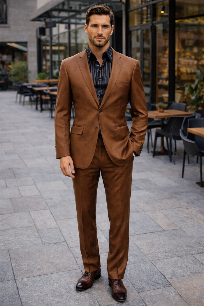 Men's Designer 2-Button With Sheen Rust ~ Peach Sharkskin Suit