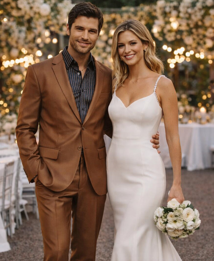 Men's Designer 2-Button With Sheen Rust ~ Peach Sharkskin Suit