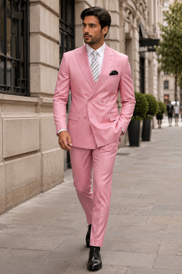 Men's Designer Double Breasted Wool Suit in Blush Pink