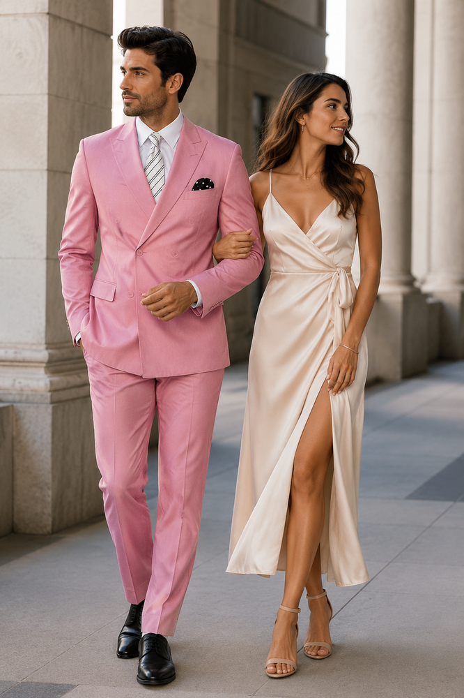Men's Designer Double Breasted Wool Suit in Blush Pink