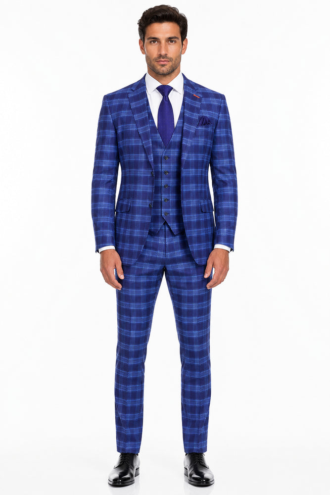 Men's Designer Two Button Modern Fit Vested Wool Suit in Indigo Blue Glen Plaid