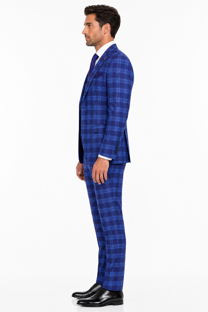 Men's Designer Two Button Modern Fit Vested Wool Suit in Indigo Blue Glen Plaid