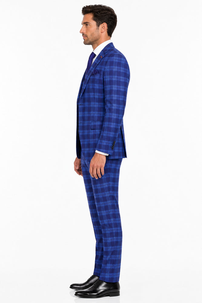 Men's Designer Two Button Modern Fit Vested Wool Suit in Indigo Blue Glen Plaid