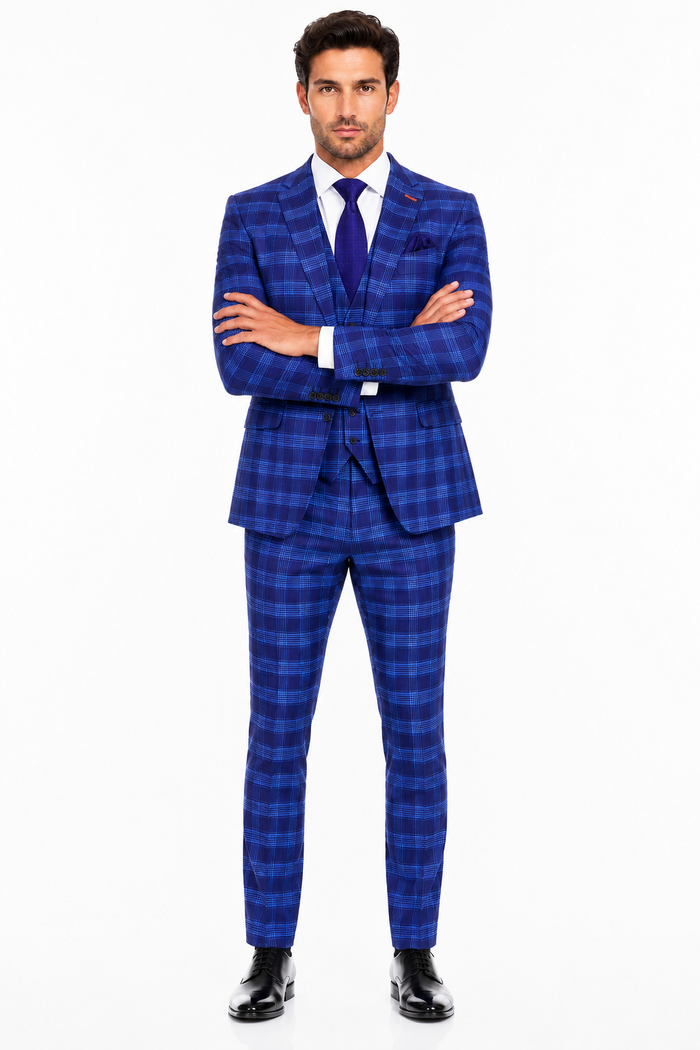 Men's Designer Two Button Modern Fit Vested Wool Suit in Indigo Blue Glen Plaid