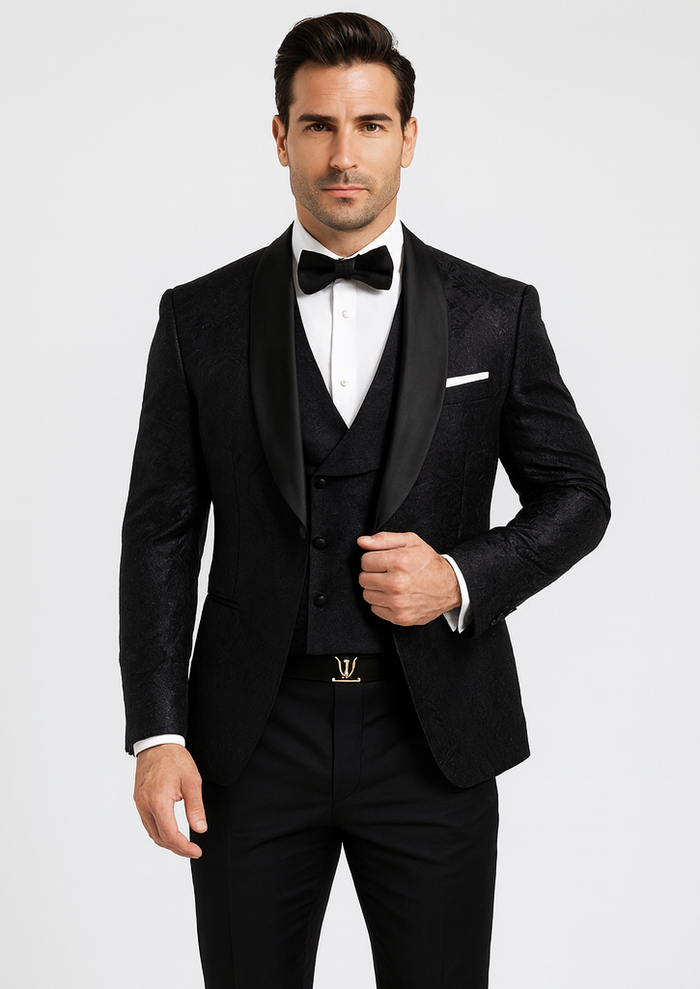 Men’s Designer Floral Lace Wedding Tuxedo in Black – Stylish Vested Suit