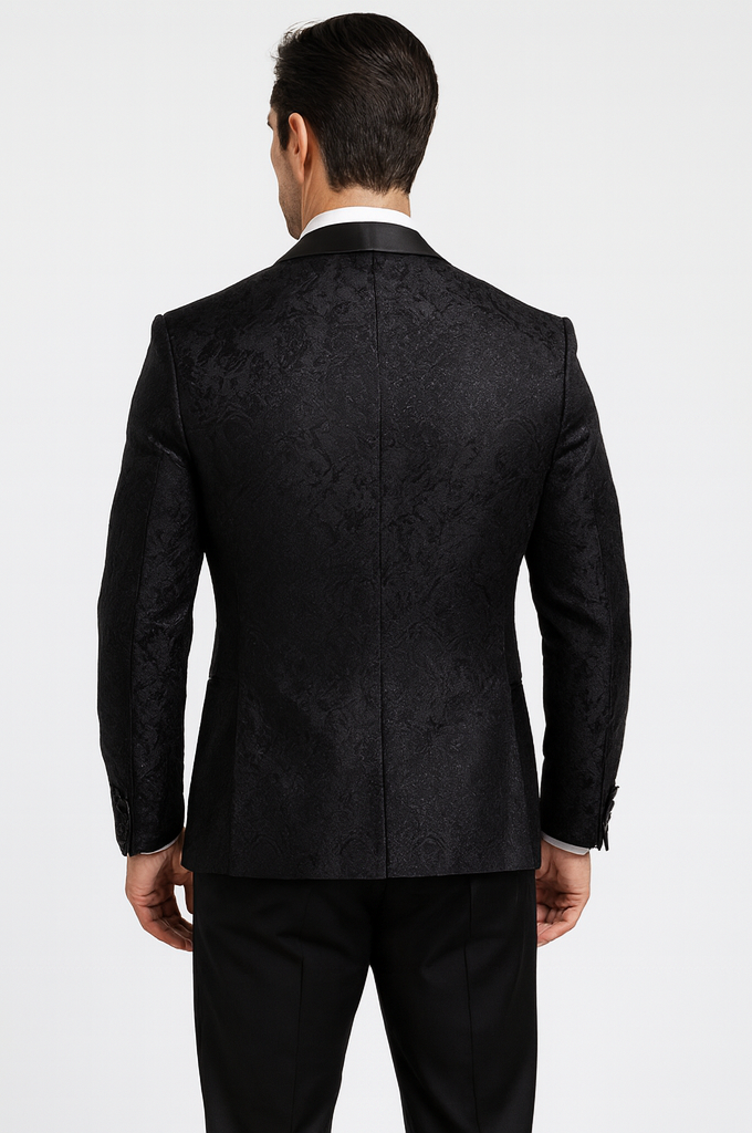 Men’s Designer Floral Lace Wedding Tuxedo in Black – Stylish Vested Suit