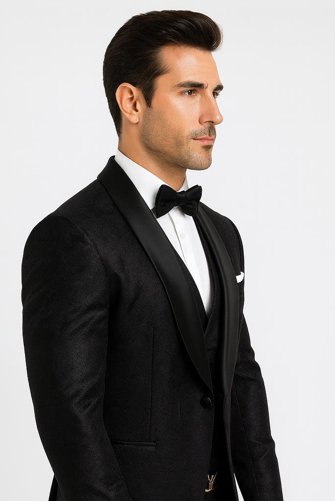Men’s Designer Floral Lace Wedding Tuxedo in Black – Stylish Vested Suit