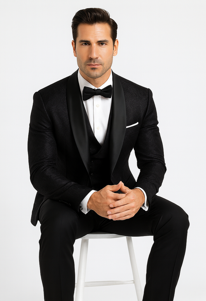 Men’s Designer Floral Lace Wedding Tuxedo in Black – Stylish Vested Suit