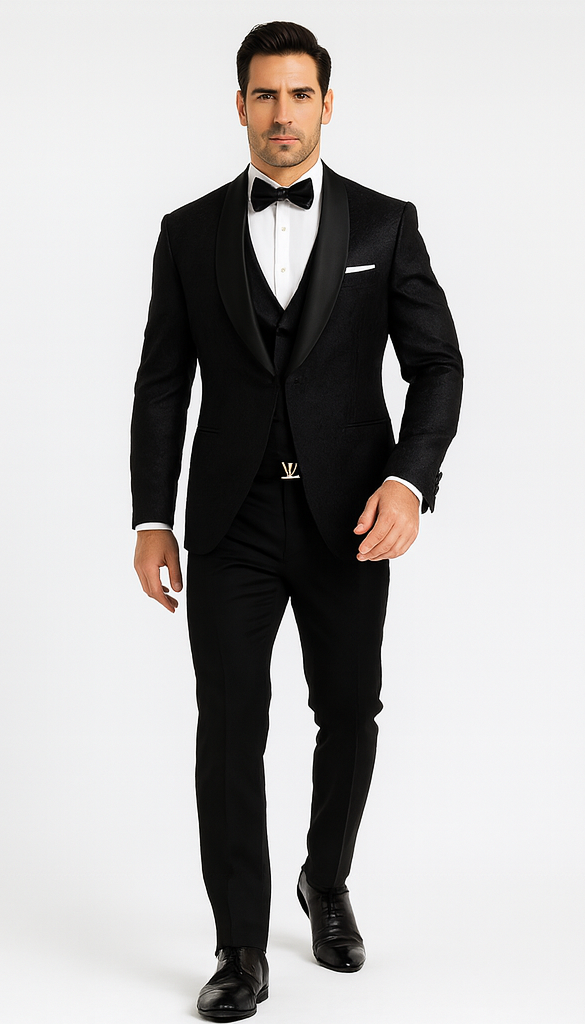 Men’s Designer Floral Lace Wedding Tuxedo in Black – Stylish Vested Suit