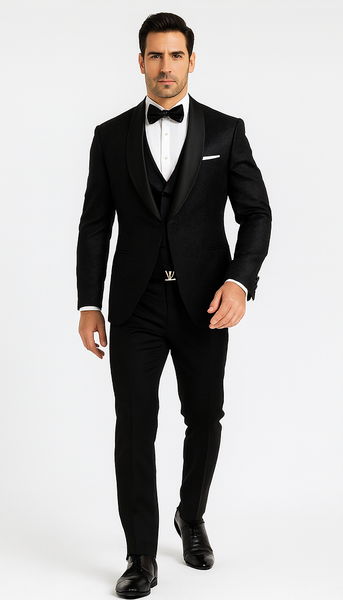 Men’s Designer Floral Lace Wedding Tuxedo in Black – Stylish Vested Suit