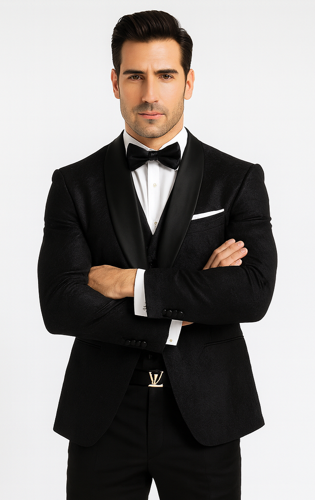 Men’s Designer Floral Lace Wedding Tuxedo in Black – Stylish Vested Suit