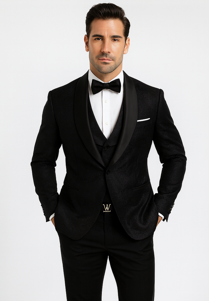 Men’s Designer Floral Lace Wedding Tuxedo in Black – Stylish Vested Suit