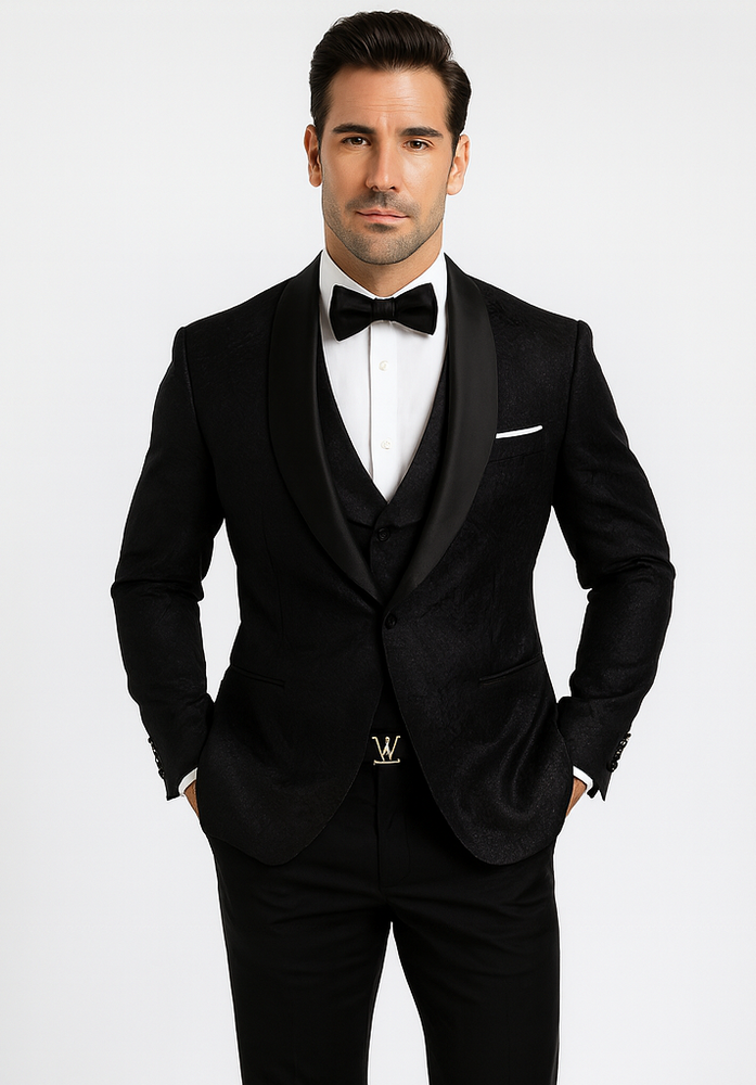 Men’s Designer Floral Lace Wedding Tuxedo in Black – Stylish Vested Suit