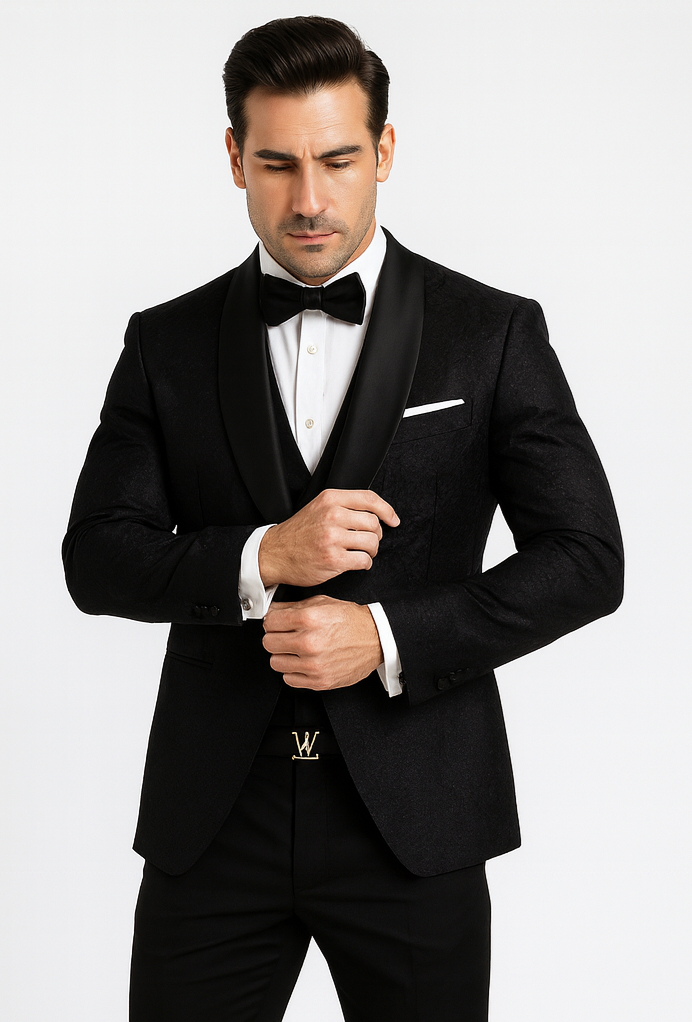 Men’s Designer Floral Lace Wedding Tuxedo in Black – Stylish Vested Suit