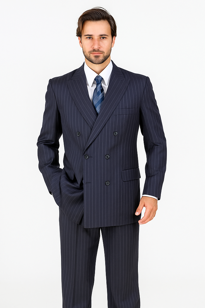 Men's Double Breasted Suits Dark Navy Blue Suit For Men with Smooth Stripe ~ Pinstripe Suit With Side Vent Jacket Pleated Pants