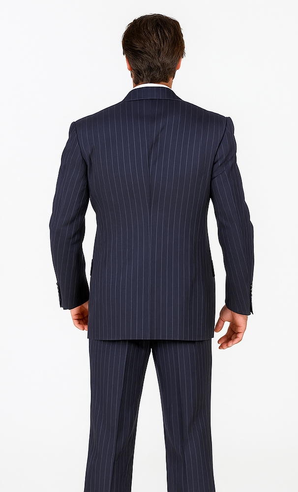 Men's Double Breasted Suits Dark Navy Blue Suit For Men with Smooth Stripe ~ Pinstripe Suit With Side Vent Jacket Pleated Pants