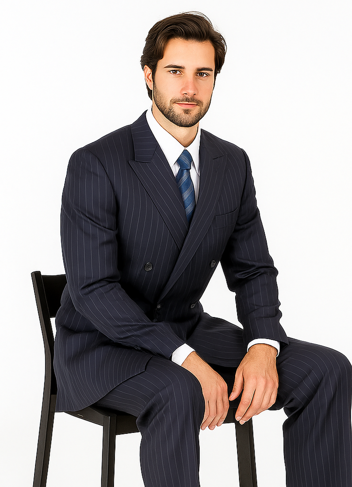 Men's Double Breasted Suits Dark Navy Blue Suit For Men with Smooth Stripe ~ Pinstripe Suit With Side Vent Jacket Pleated Pants