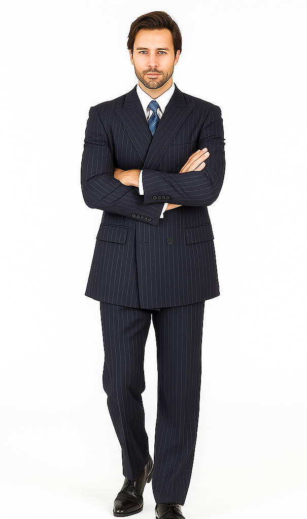 Men's Double Breasted Suits Dark Navy Blue Suit For Men with Smooth Stripe ~ Pinstripe Suit With Side Vent Jacket Pleated Pants