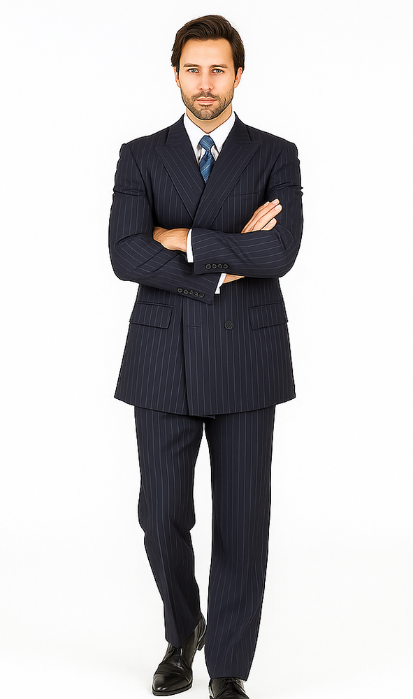 Men's Double Breasted Suits Dark Navy Blue Suit For Men with Smooth Stripe ~ Pinstripe Suit With Side Vent Jacket Pleated Pants