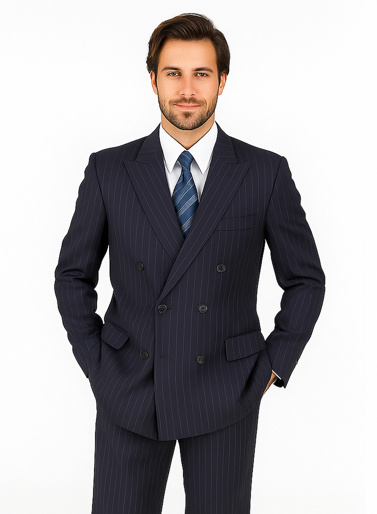 Men's Double Breasted Suits Dark Navy Blue Suit For Men with Smooth Stripe ~ Pinstripe Suit With Side Vent Jacket Pleated Pants
