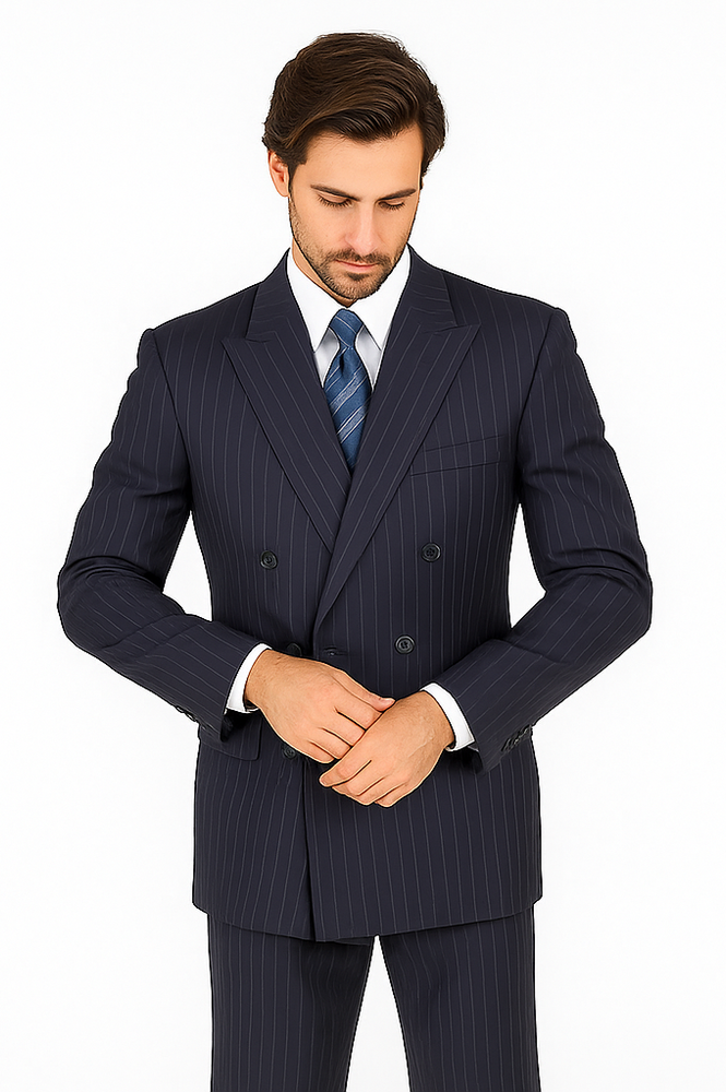 Men's Double Breasted Suits Dark Navy Blue Suit For Men with Smooth Stripe ~ Pinstripe Suit With Side Vent Jacket Pleated Pants
