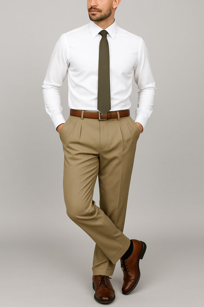Mens Double Pleated Trousers - Double Pleated Dress Pants - Slacks Beige