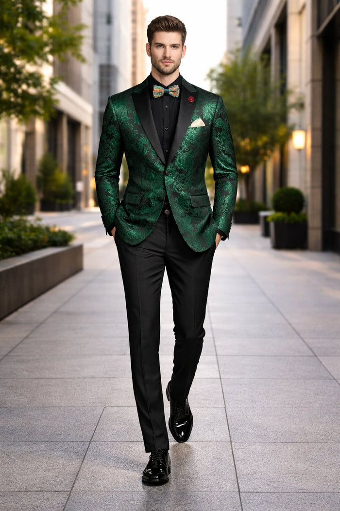 Emerald Green Paisley Tuxedo Suit - Prom 2026 Floral Tuxedo Suit - Groom Wedding Suit