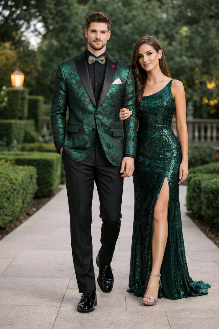 Emerald Green Paisley Tuxedo Suit - Prom 2026 Floral Tuxedo Suit - Groom Wedding Suit