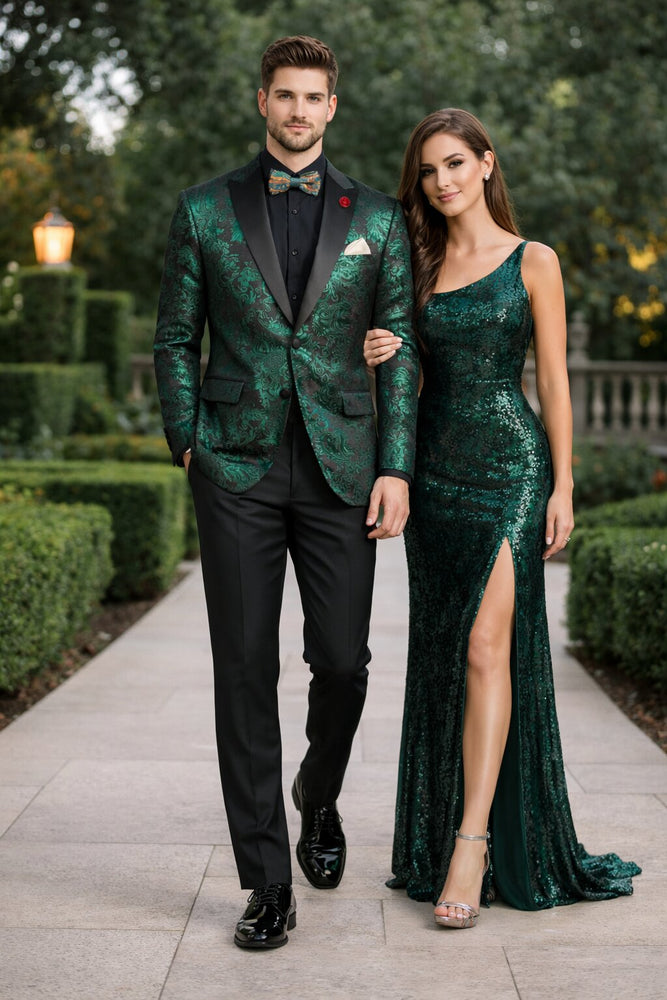 Emerald Green Paisley Tuxedo Suit - Prom 2026 Floral Tuxedo Suit - Groom Wedding Suit
