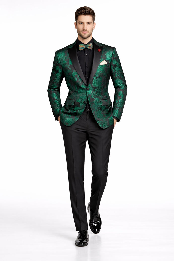 Emerald Green Paisley Tuxedo Suit - Prom 2026 Floral Tuxedo Suit - Groom Wedding Suit