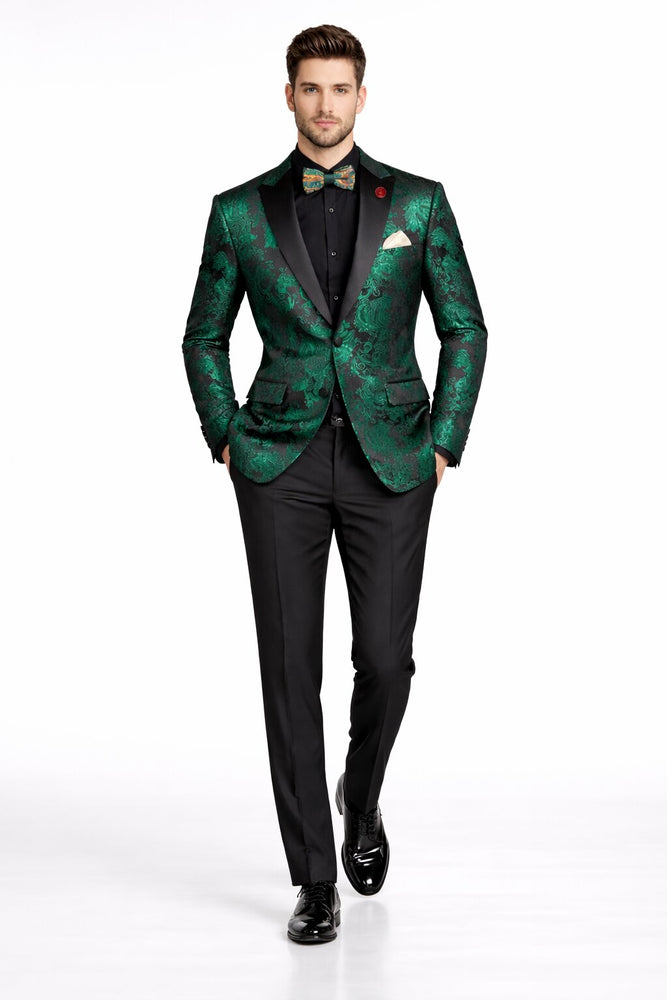 Emerald Green Paisley Tuxedo Suit - Prom 2026 Floral Tuxedo Suit - Groom Wedding Suit