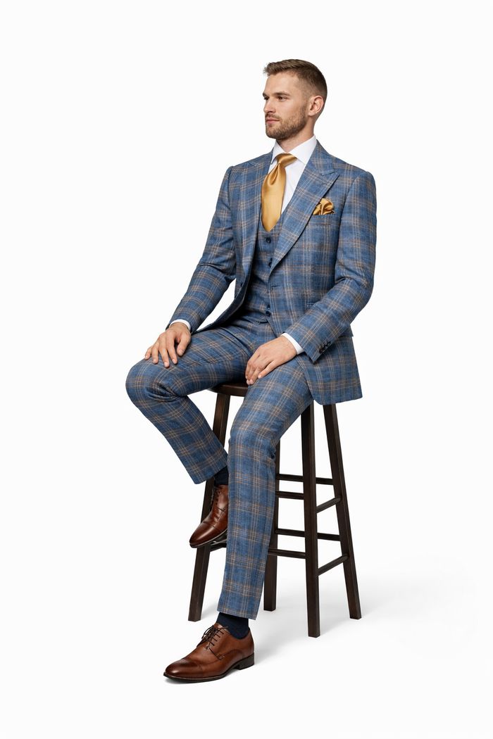 Blue Highland Check 3-Piece Champagne Accent Occasion Suit