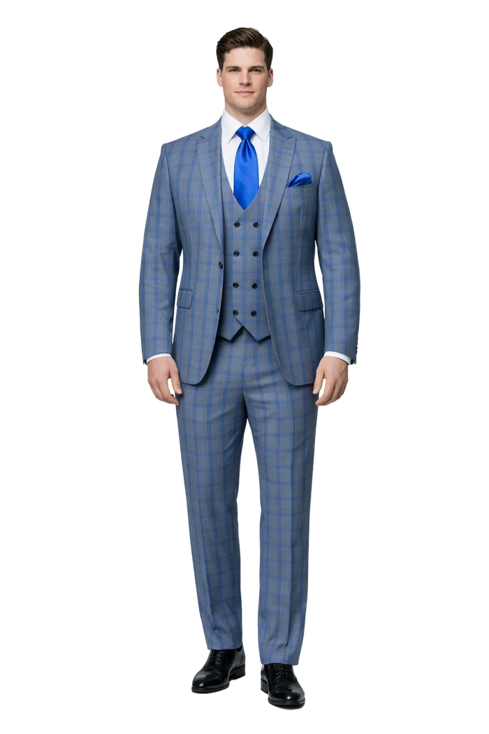 Royal Blue Windowpane 3-Piece Modern Tailored Suit by Rossiman
