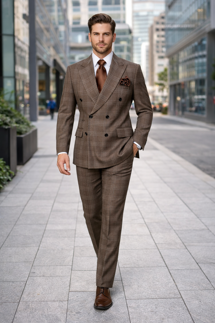 Brown Windsor Plaid Double-Breasted 3-Piece Executive Suit by Rossiman