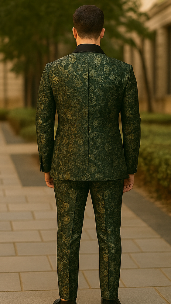 Mens Forest Camo Print Blazer with Black Satin Lapel Tuxedo - Green