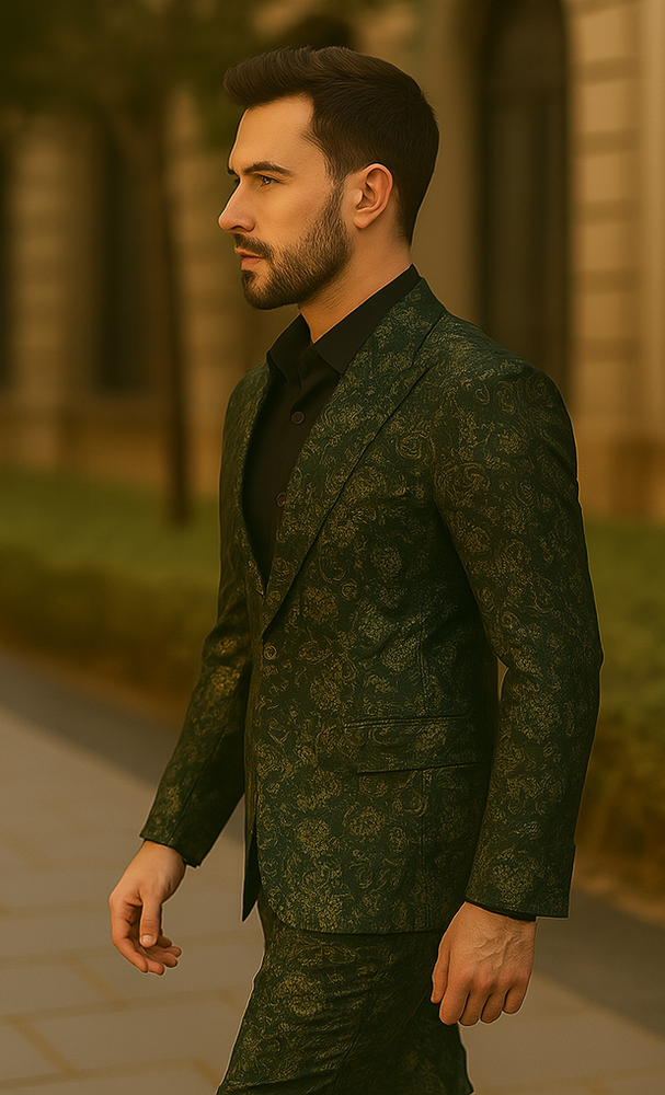 Mens Forest Camo Print Blazer with Black Satin Lapel Tuxedo - Green