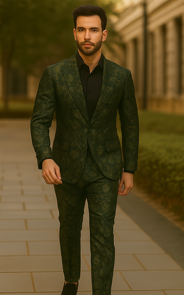 Mens Forest Camo Print Blazer with Black Satin Lapel Tuxedo - Green