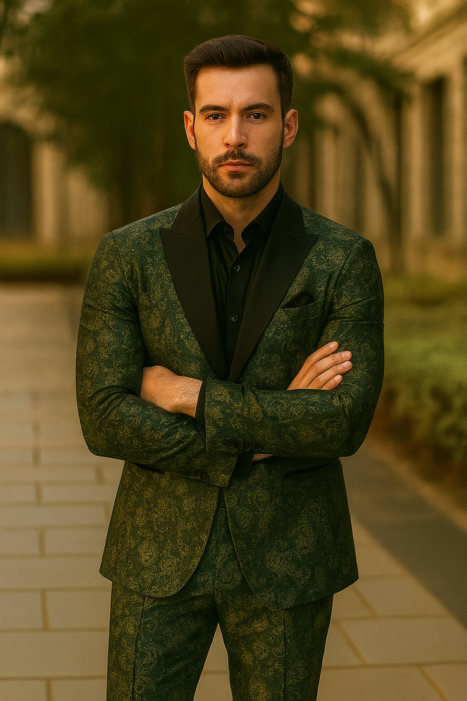 Mens Forest Camo Print Blazer with Black Satin Lapel Tuxedo - Green
