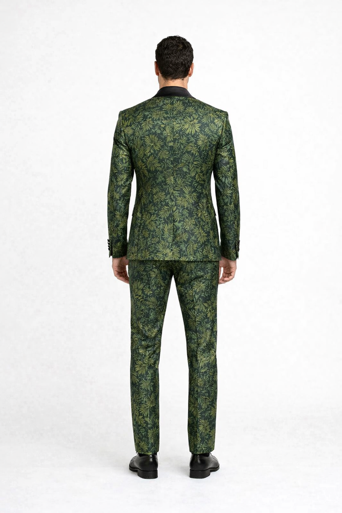 Mens Forest Camo Print Blazer with Black Satin Lapel Tuxedo - Green