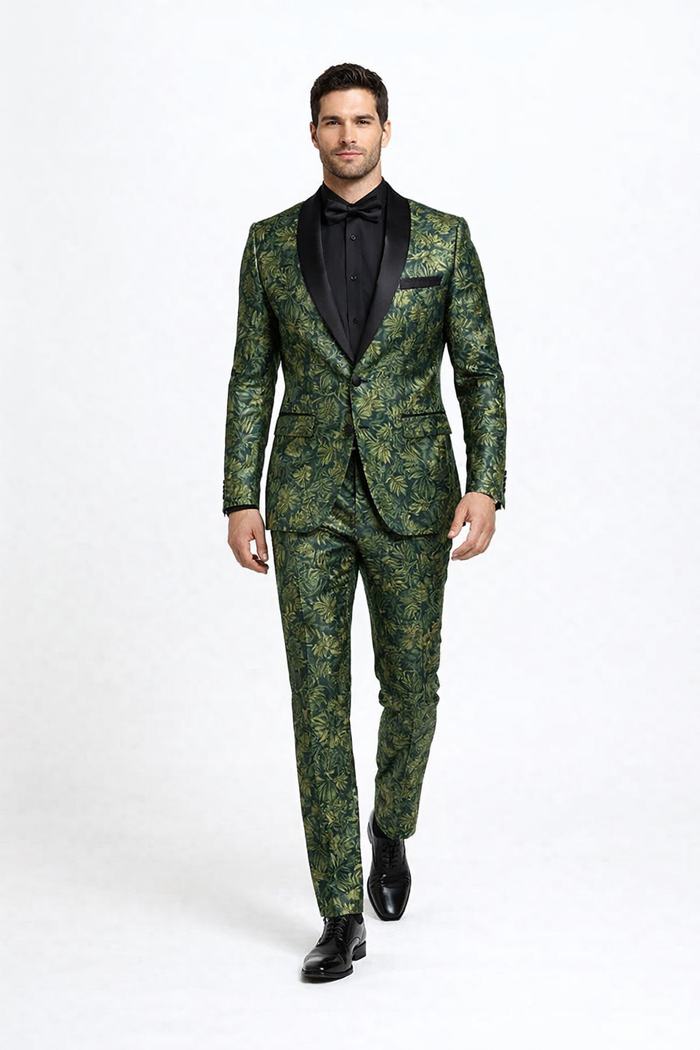 Mens Forest Camo Print Blazer with Black Satin Lapel Tuxedo - Green