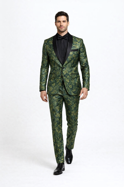 Mens Forest Camo Print Blazer with Black Satin Lapel Tuxedo - Green