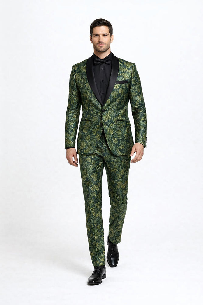 Mens Forest Camo Print Blazer with Black Satin Lapel Tuxedo - Green