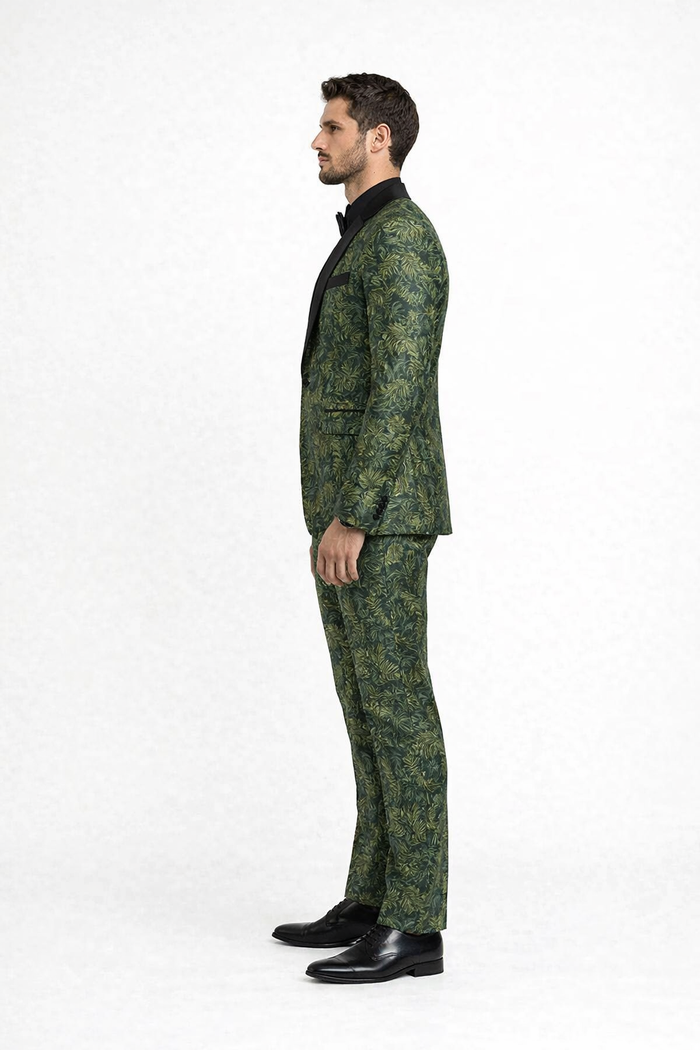 Mens Forest Camo Print Blazer with Black Satin Lapel Tuxedo - Green
