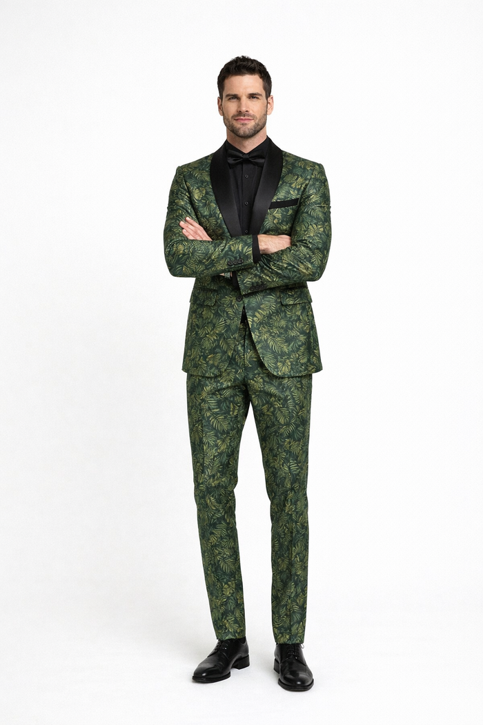 Mens Forest Camo Print Blazer with Black Satin Lapel Tuxedo - Green