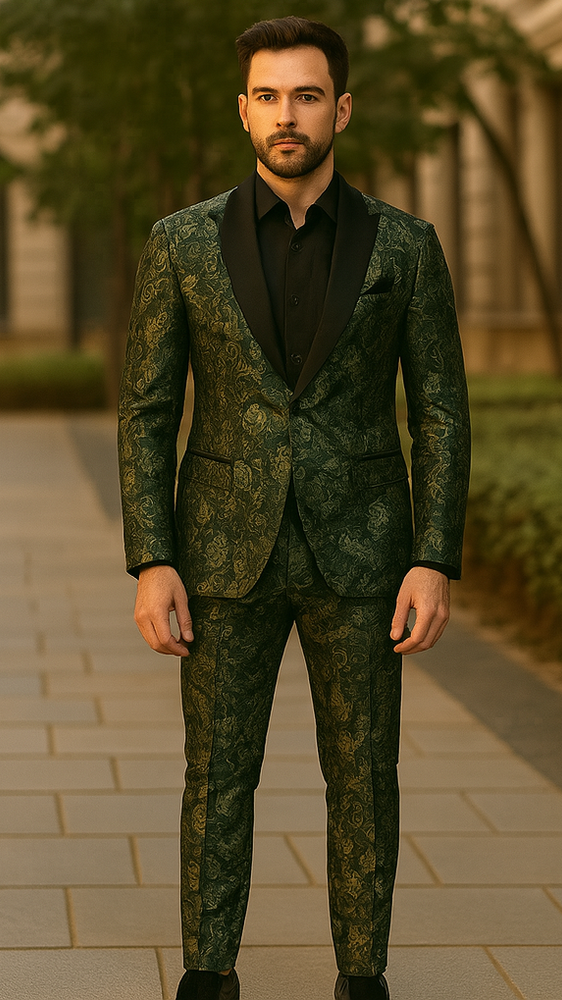 Mens Forest Camo Print Blazer with Black Satin Lapel Tuxedo - Green