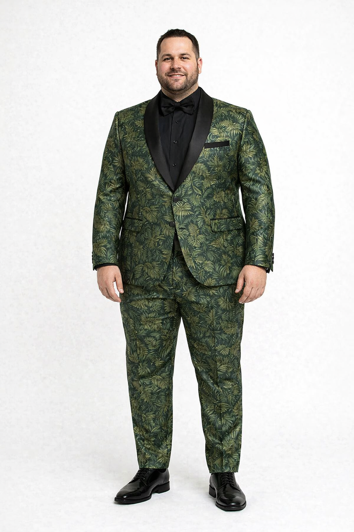 Mens Forest Camo Print Blazer with Black Satin Lapel Tuxedo - Green