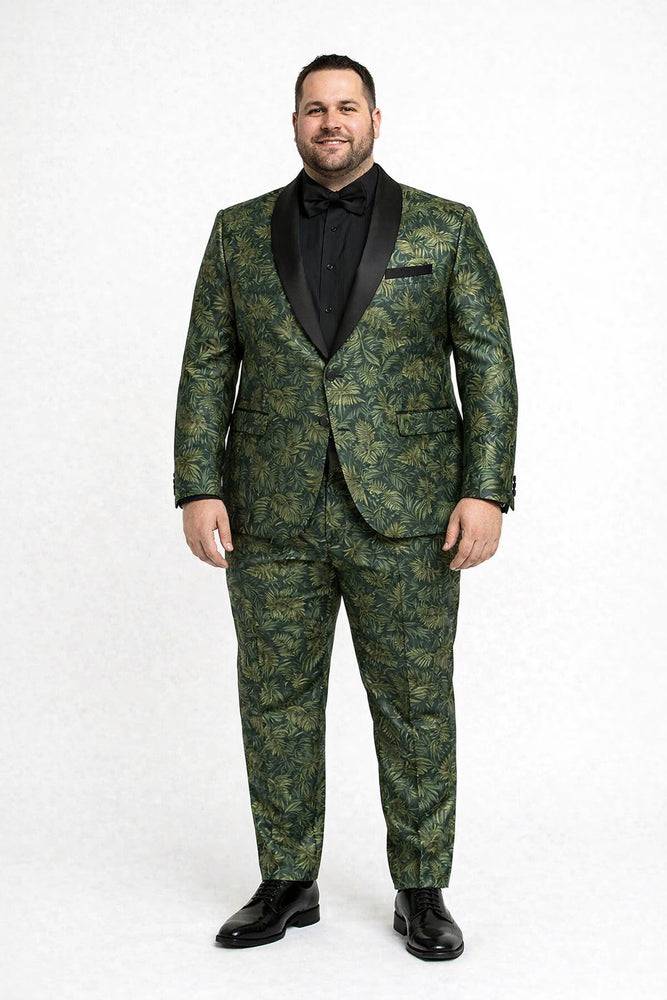Mens Forest Camo Print Blazer with Black Satin Lapel Tuxedo - Green